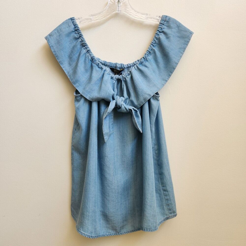 1250°C Chambray Off the Shoulder Sleeveless Top Womens Medium Blue Denim Blouse